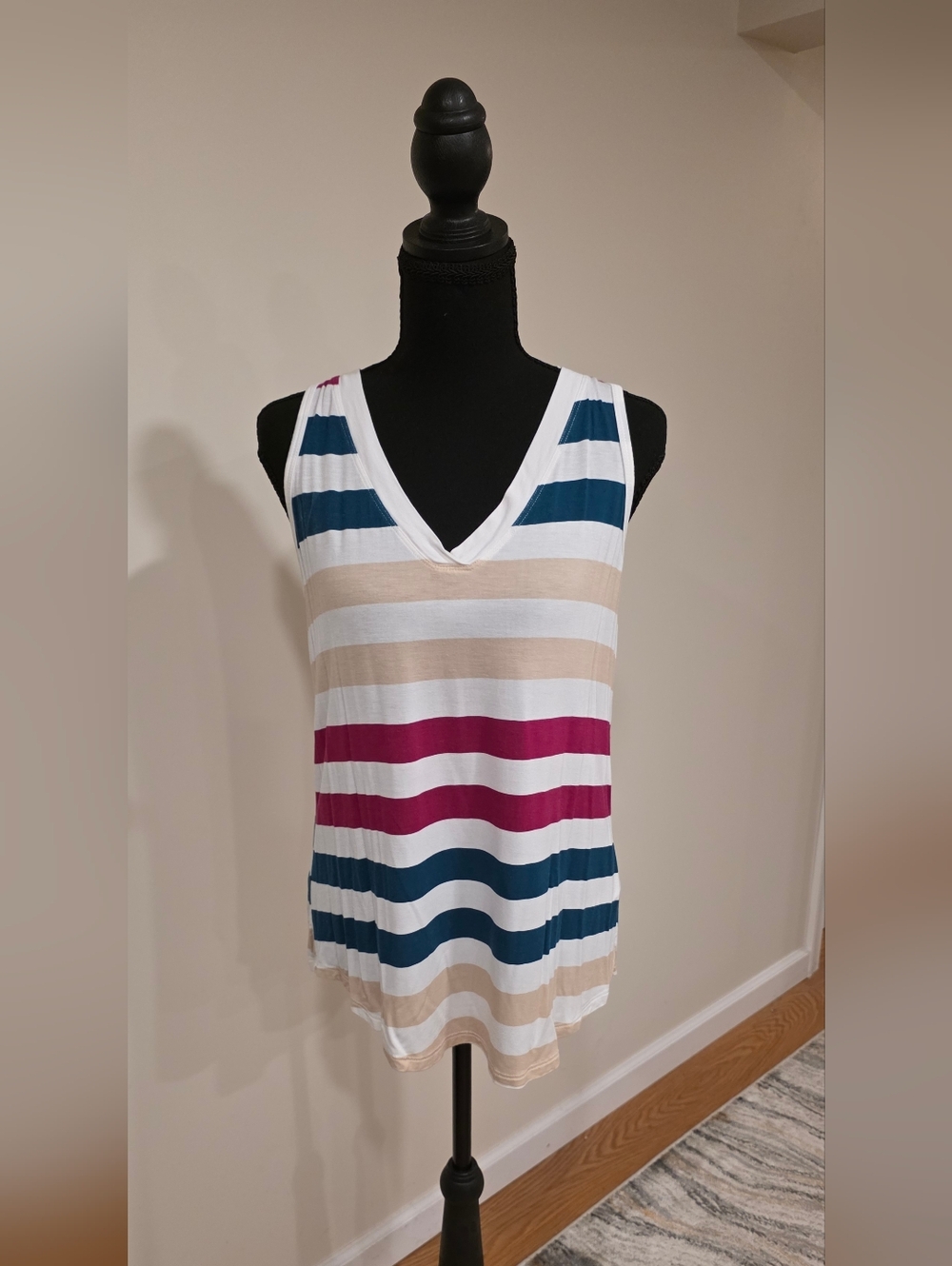 Maurices Striped V-Neck Tank Top - White, Teal, Beige, Berry
